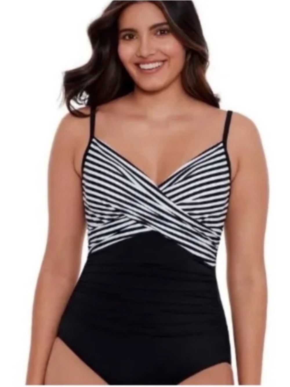 Miraclesuit Striped Crisscross Top One-Piece Swimsuit in Black and White
